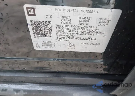 2020 Chevrolet Traverse Fwd Lt Cloth z USA, uszkodzony, nr VIN 1GNERGKW2LJ281424